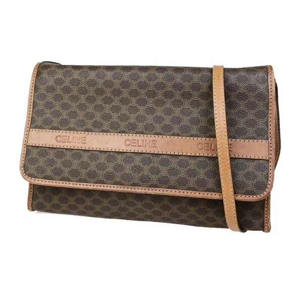 CELINE Logo Macadam Pattern Shoulder Bag PVC Leather Brown GHW Italy 65FB173 - Picture 1 of 14